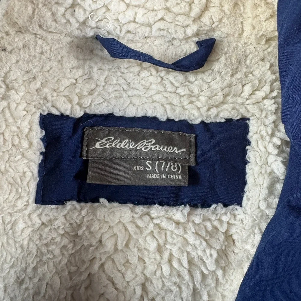 Eddie Bauer Kids Small 7/8 Navy Blue Faux Fur Hooded Puffer Parka Jacket 4486
